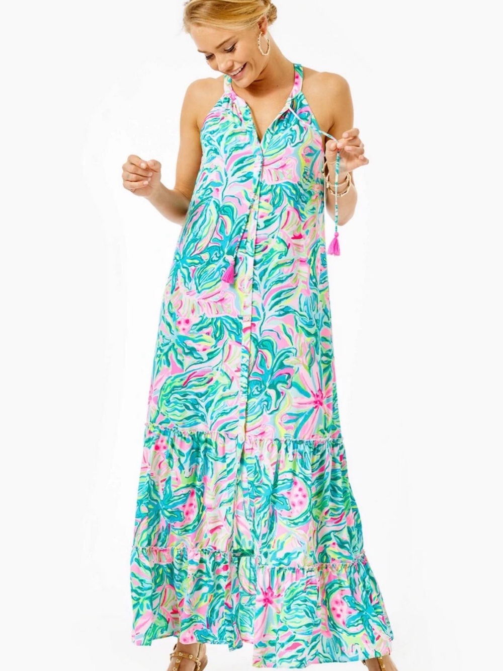 Lilly Pulitzer Pink & Teal Floral Halter Midi Dress
